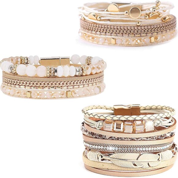 Leather Wrap Bracelet Set 3Pack Multilayer Magnetic Clasp Women's Cuff Jewelry - Picture 1 of 7